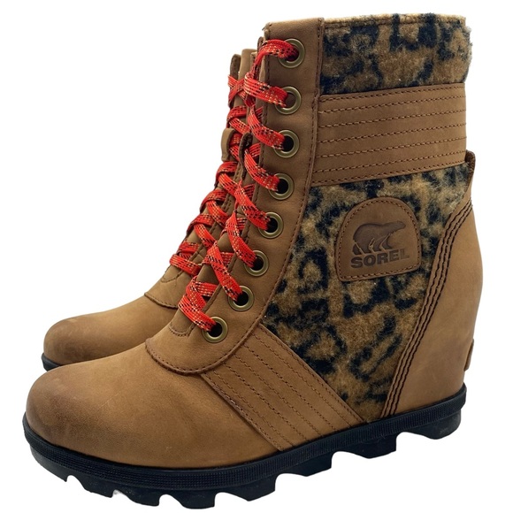 Sorel Shoes - Sorel Womens Shoes Lexie Wedge Boots Size 8 Brown Leopard Leather Waterproof